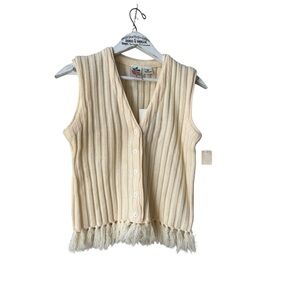 Vintage Radishes & Roses Cream Ribbed Knit Fringe Sweater Vest Size S Junior 7/8